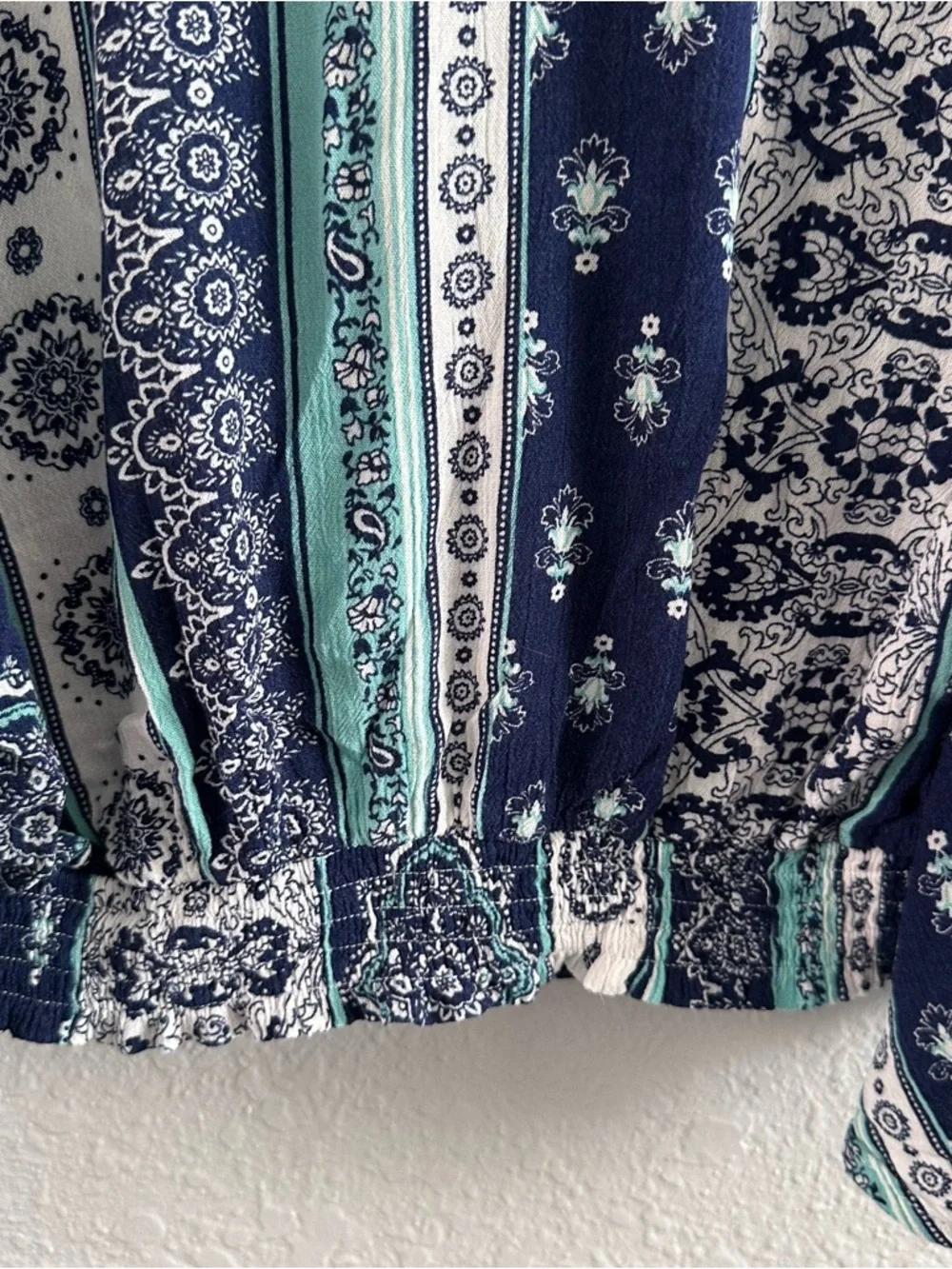 Le Lis Boho Tie Front Crop Top Medium Navy Teal Bell Sleeve - Picture 6 of 14